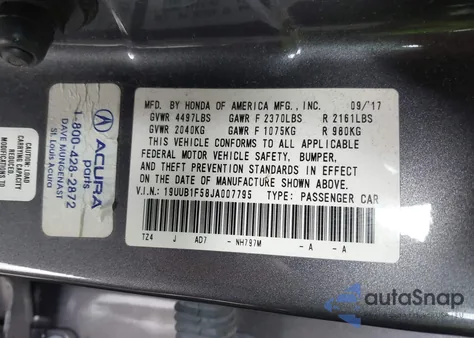 2018 Acura Tlx Tech Pkg from USA, damaged, VIN 19UUB1F58JA007795
